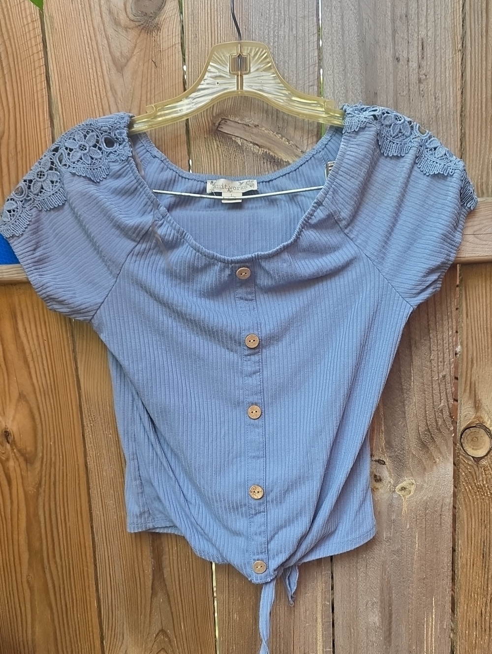 Dusty Blue Lace-Trim Button Crop Top